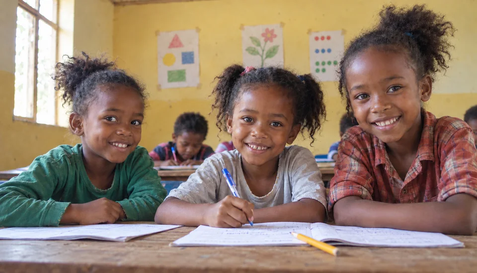 Three smiling children sitting together at classroom desks