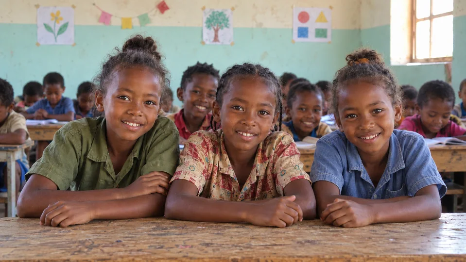 Three children together at a table in a classroom