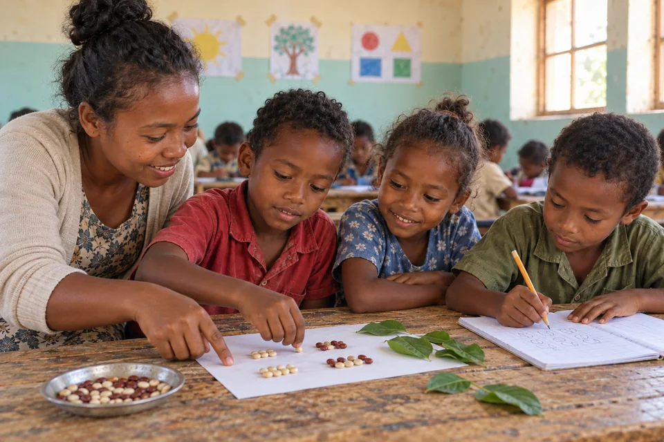 Three children count seeds and draw around a table with a teacher